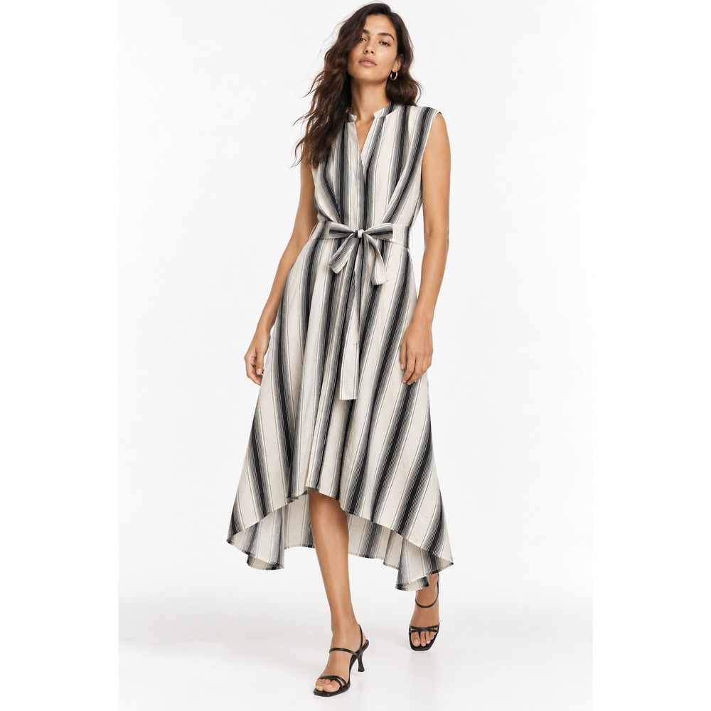 H&M Women Striped Sleeveless Tie Waist Midi Dress Black White Large NEW